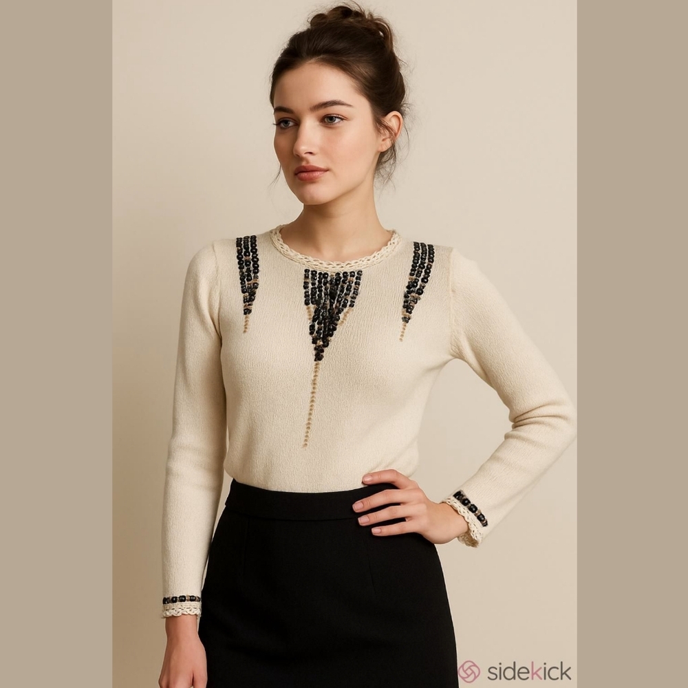 Vintage Silk Blend Sweater with Crochet And Embellishments Medium